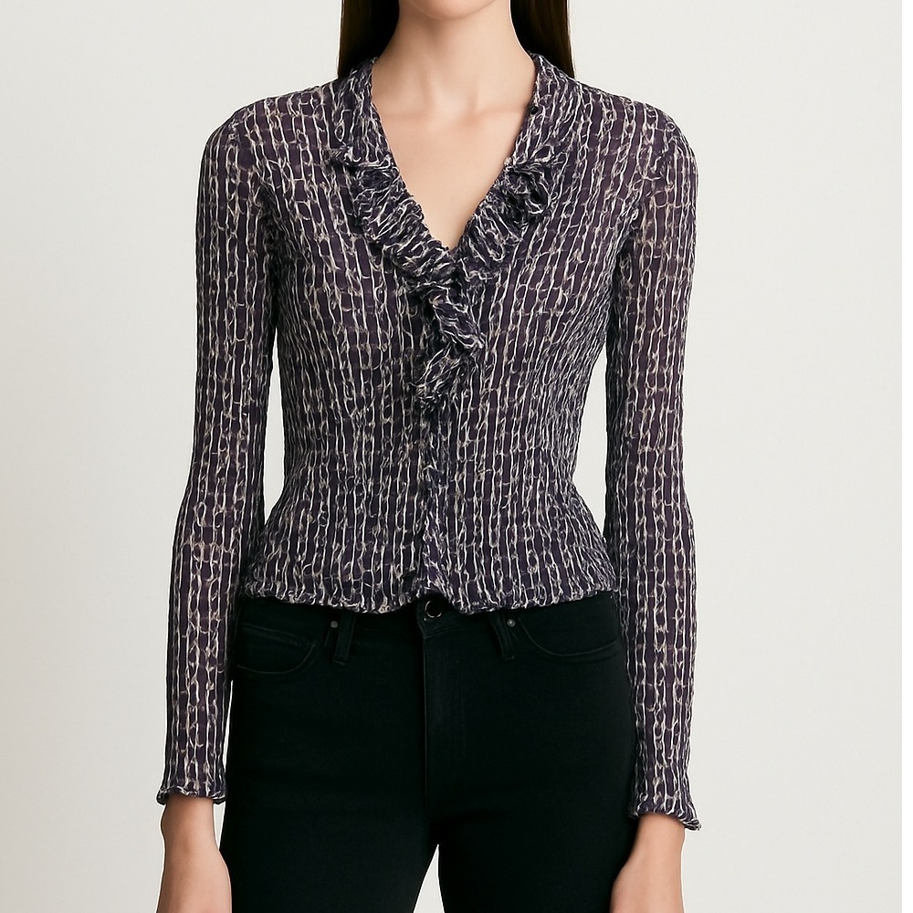 Y2K Notations Ruffle Blouse‎ Small Sheer Chain Print Mesh Top Retro Glam Vibes